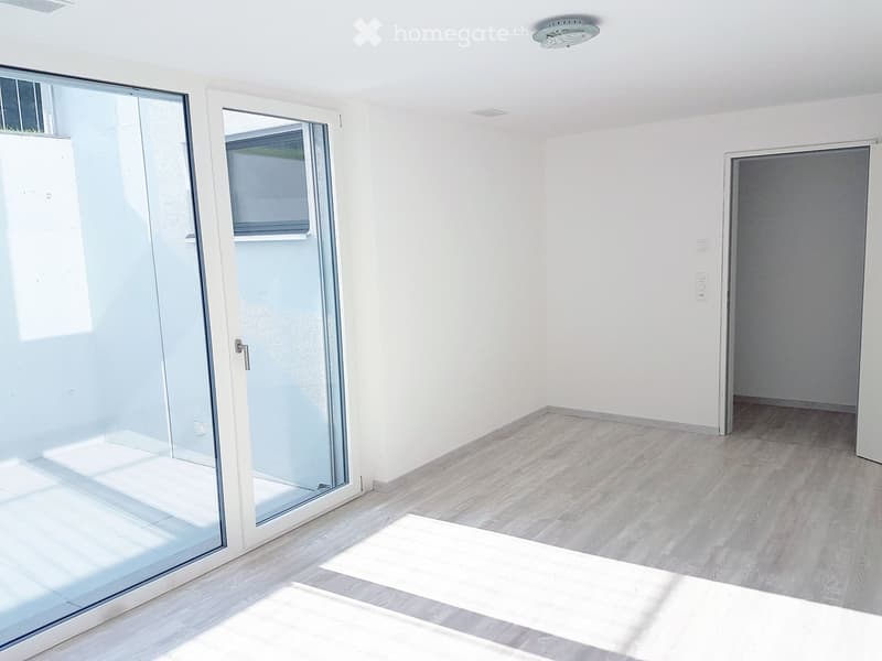 empty room, sliding glass doors, balcony, white walls, ceiling lamp