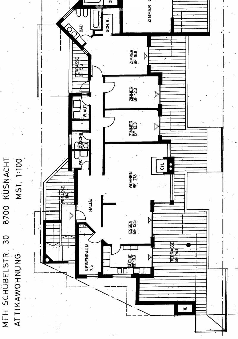 Floor plan showing a multi-room layout including a kitchen, living area, bedrooms, bathrooms, and a terrace.