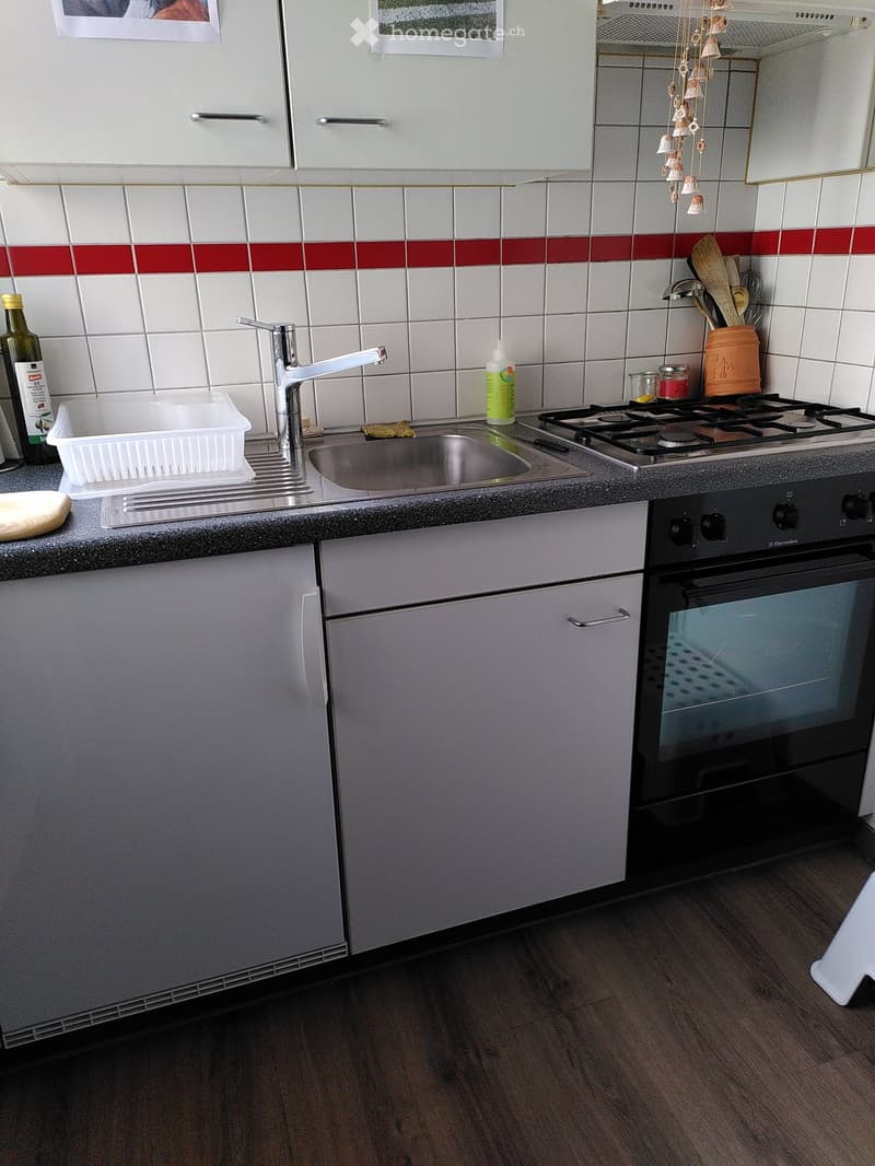 Modern kitchen with white cabinets, stainless steel sink, gas stove, and oven. Countertop has a bottle, plastic container, and oven mitt.