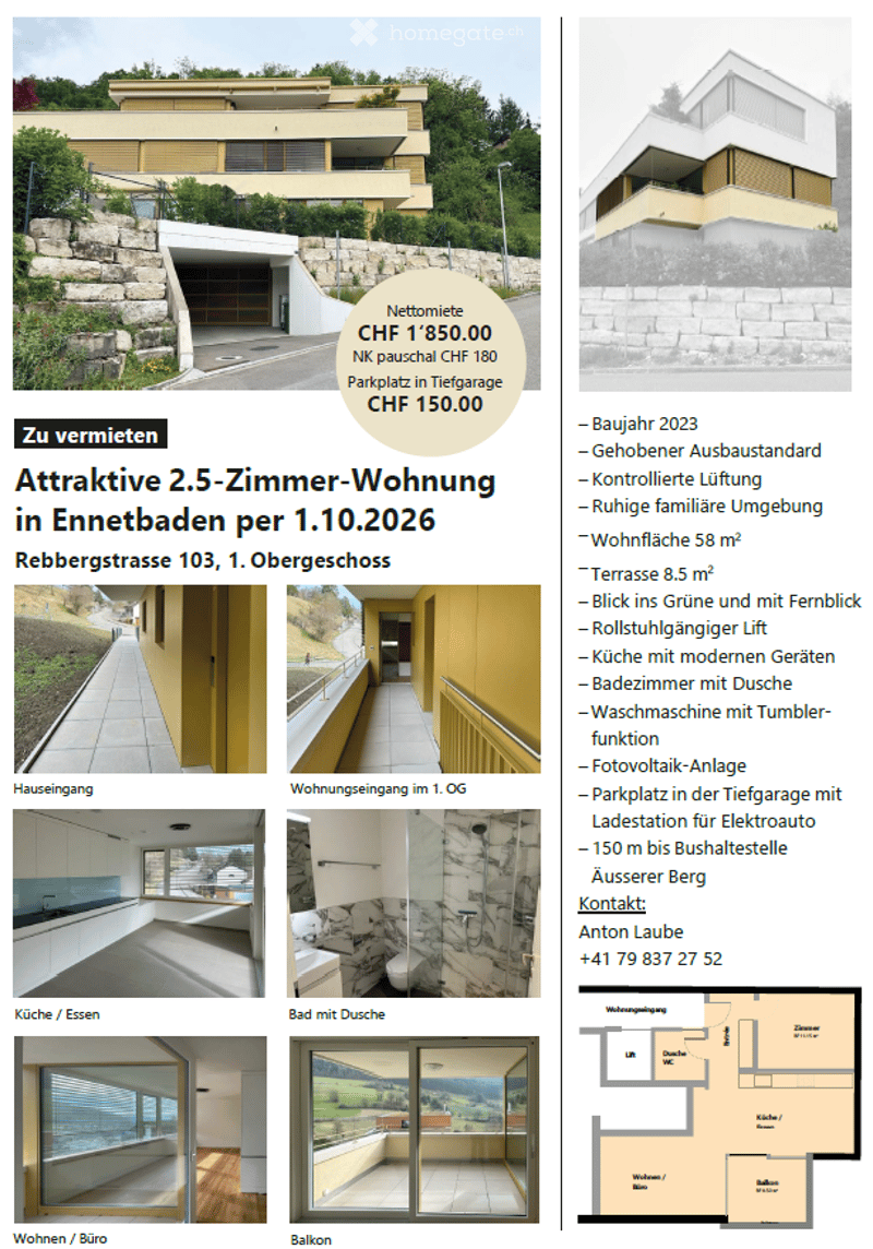 Modern 2.5-room apartment in Ennetbaden, featuring a balcony, garage, and parking space. Includes kitchen, bathroom, and living area.