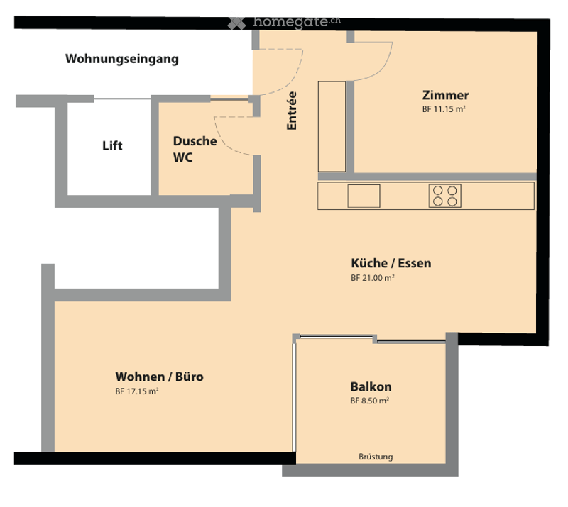 Floor plan showing entrance, living/office area, kitchen/dining, bedroom, bathroom, and balcony.