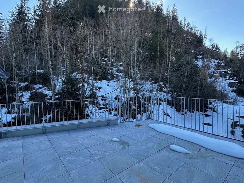 Balcony with tiled floor and metal railing, overlooking a snowy forested area.