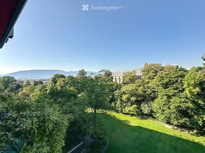 Garden with green grass, trees, and a scenic view of a cityscape and mountains in the background.
