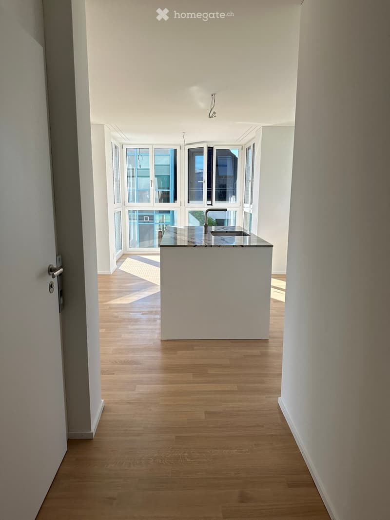 Empty hallway with wooden flooring, white walls, and a small kitchen area visible at the end, featuring a sink and countertop.