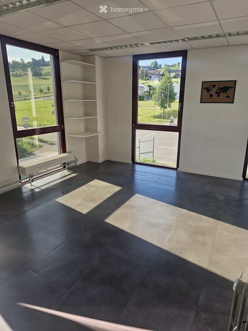 Empty room with dark tiled floor, white walls, large windows, and a small shelf unit. No furniture or equipment present.