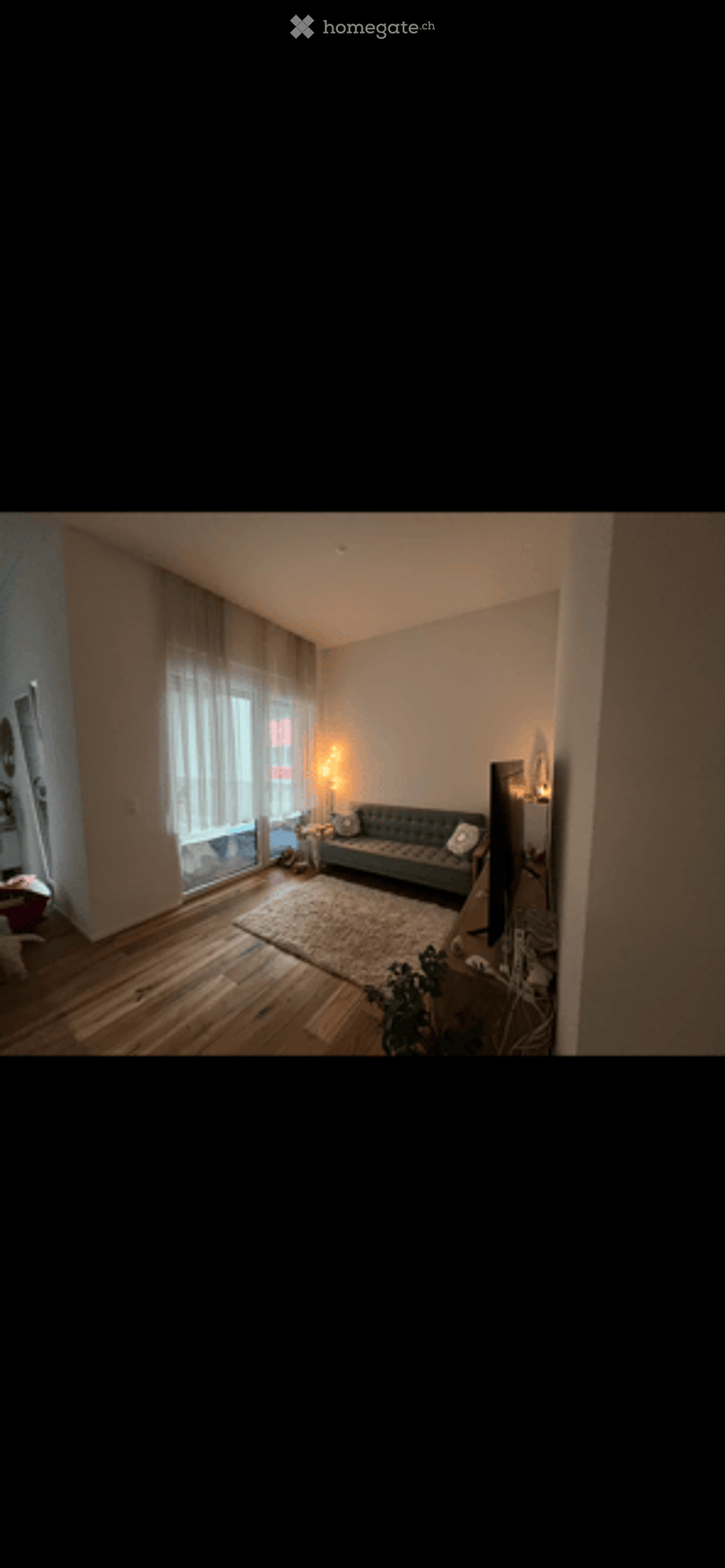 Modern living room with wooden flooring, large window with sheer curtains, grey sofa, coffee table, floor lamp, television, side table, and a small plant.