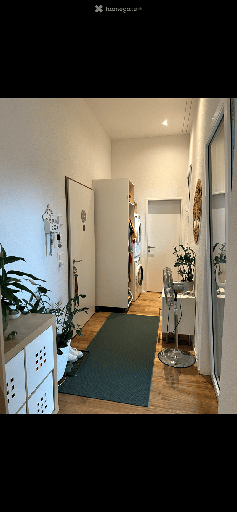 Open hallway with wardrobe, floor washing machine, rug, potted plants, fan, and a desk.
