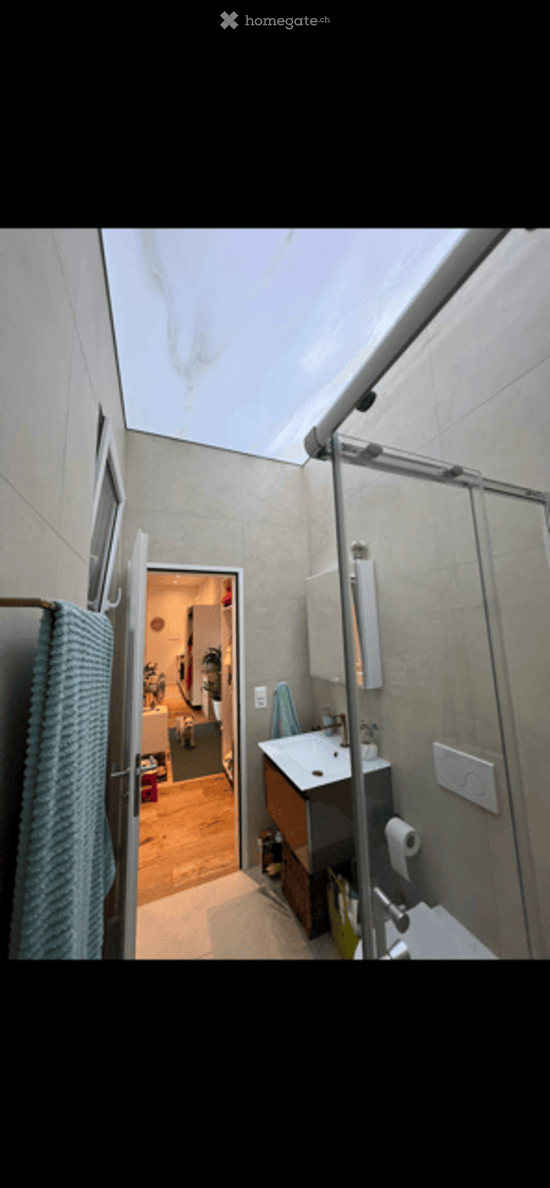 Modern bathroom with a skylight, white tiled walls, a sink with a mirror, a toilet, and a shower stall. A towel hangs on a rack, and the adjacent room is visible through an open door.
