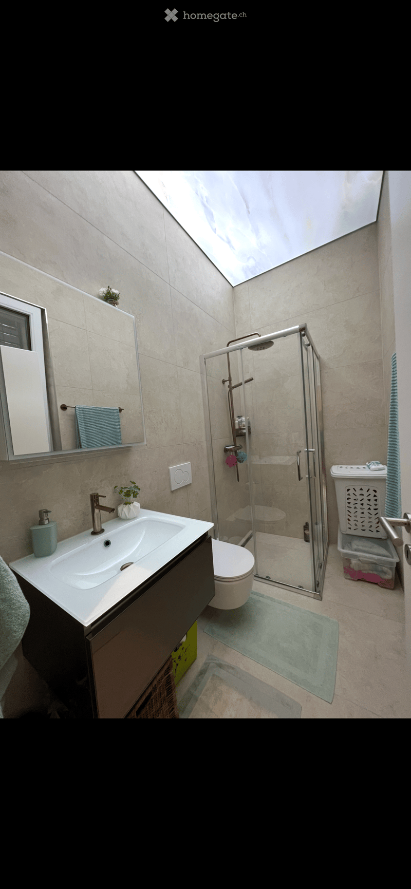 bathroom with modern fixtures, including a glass shower enclosure, a vanity with a white sink, and a toilet. Tiled flooring, a mirror, and a towel rack are also visible.