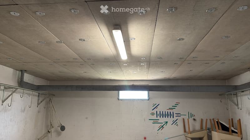 Empty room with exposed concrete walls, metal shelving, and a drop ceiling with recessed lighting. No furniture or personal items present.