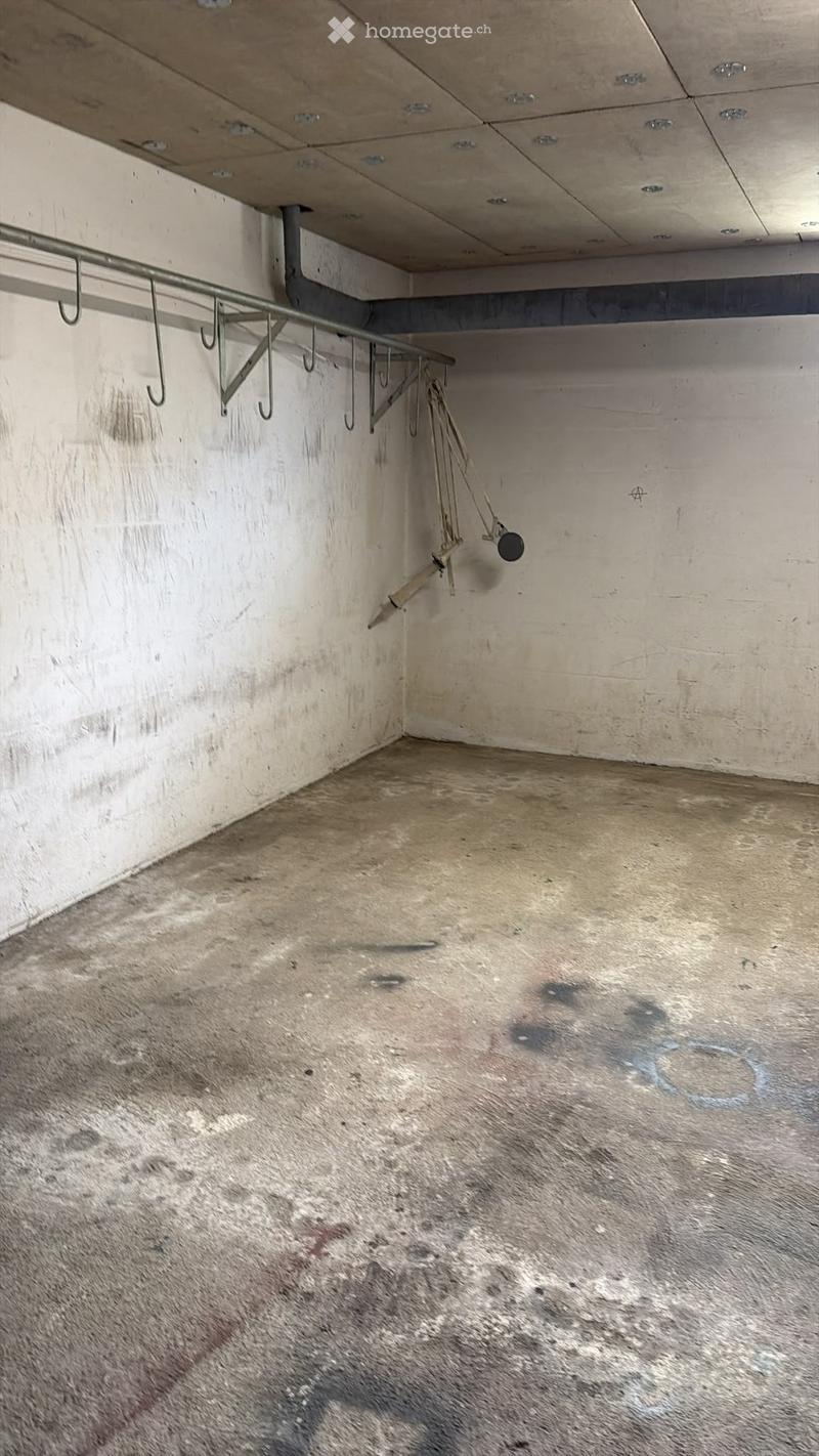 Empty concrete garage with metal hooks on the wall and a single light fixture hanging from the ceiling.