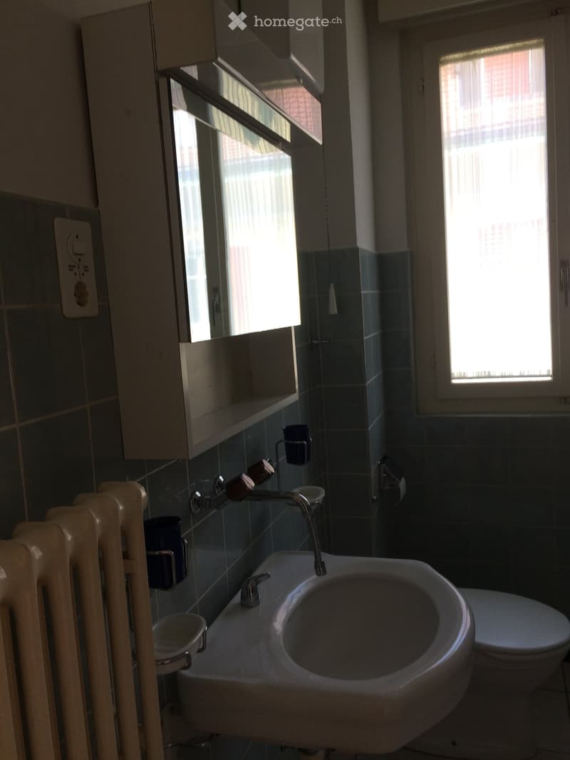 Bathroom with a sink, toilet, mirror, and cabinet. The sink has a modern faucet, and the walls are tiled in dark blue. A radiator is visible on the left side.