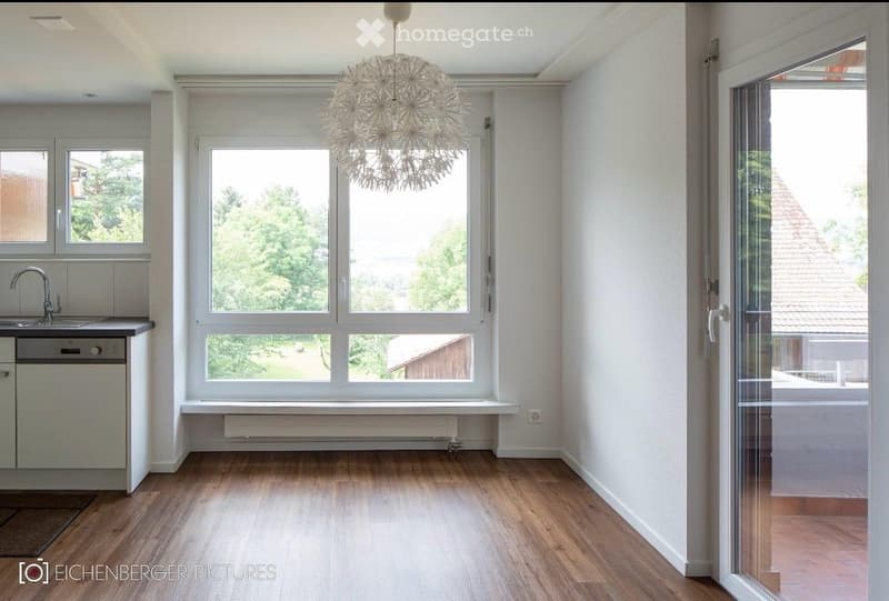 Empty kitchen with wooden flooring, white walls, large windows, and a modern chandelier. No furniture or appliances are present.