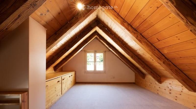 An attic space with wooden beams, exposed rafters, and a skylight window. The room features built-in wooden storage cabinets along one wall and a carpeted floor.