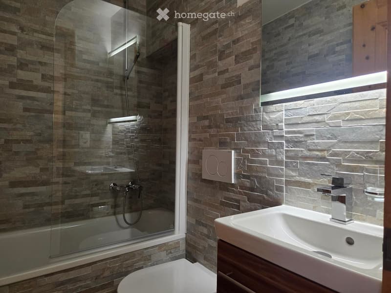 Modern bathroom with stone tiled walls, a glass-enclosed shower, a white sink with a chrome faucet, and a toilet.