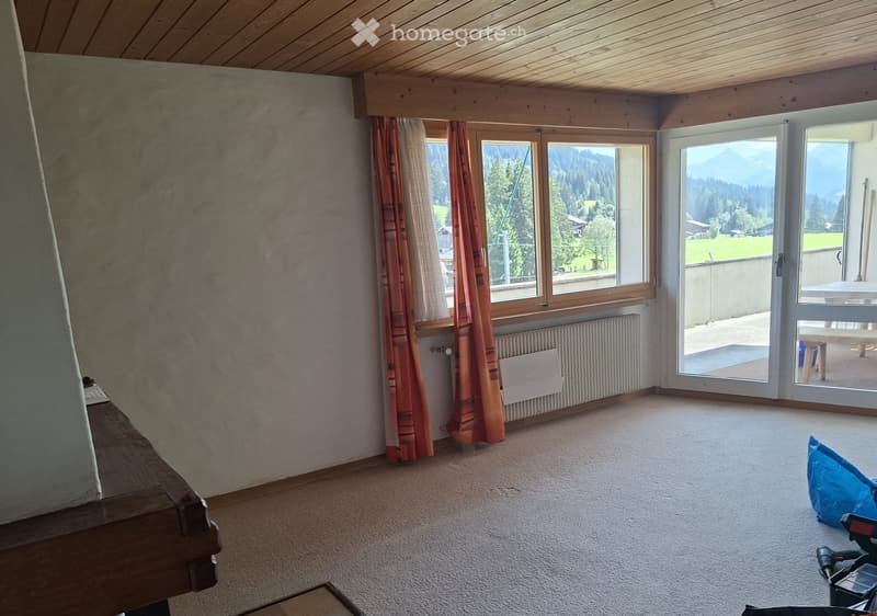 Empty room with wooden ceiling, large windows, and a view of mountains and greenery. The room has carpeted flooring and a radiator under the windows.