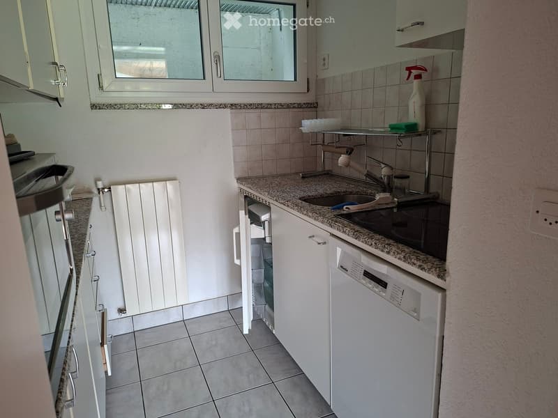 Compact kitchen with white cabinets, granite countertop, sink, dishwasher, and small oven. Includes a bottle, sprayer, and sponge on the counter.