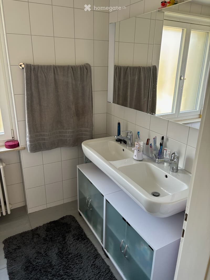 Modern bathroom with a double sink, mirrored cabinet, toothbrush holder, and a fluffy black rug on the floor.