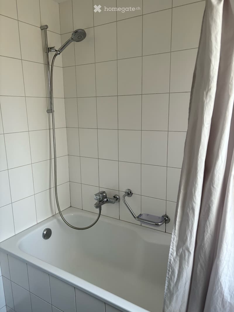 Bathtub with a handheld showerhead and a handrail for support, tiled walls, and a shower curtain.