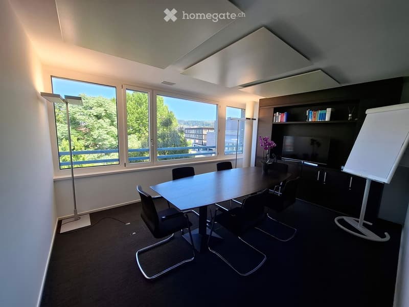 Modern office space with large windows, a long conference table, several chairs, a screen, a bookshelf with books, and a flower vase.