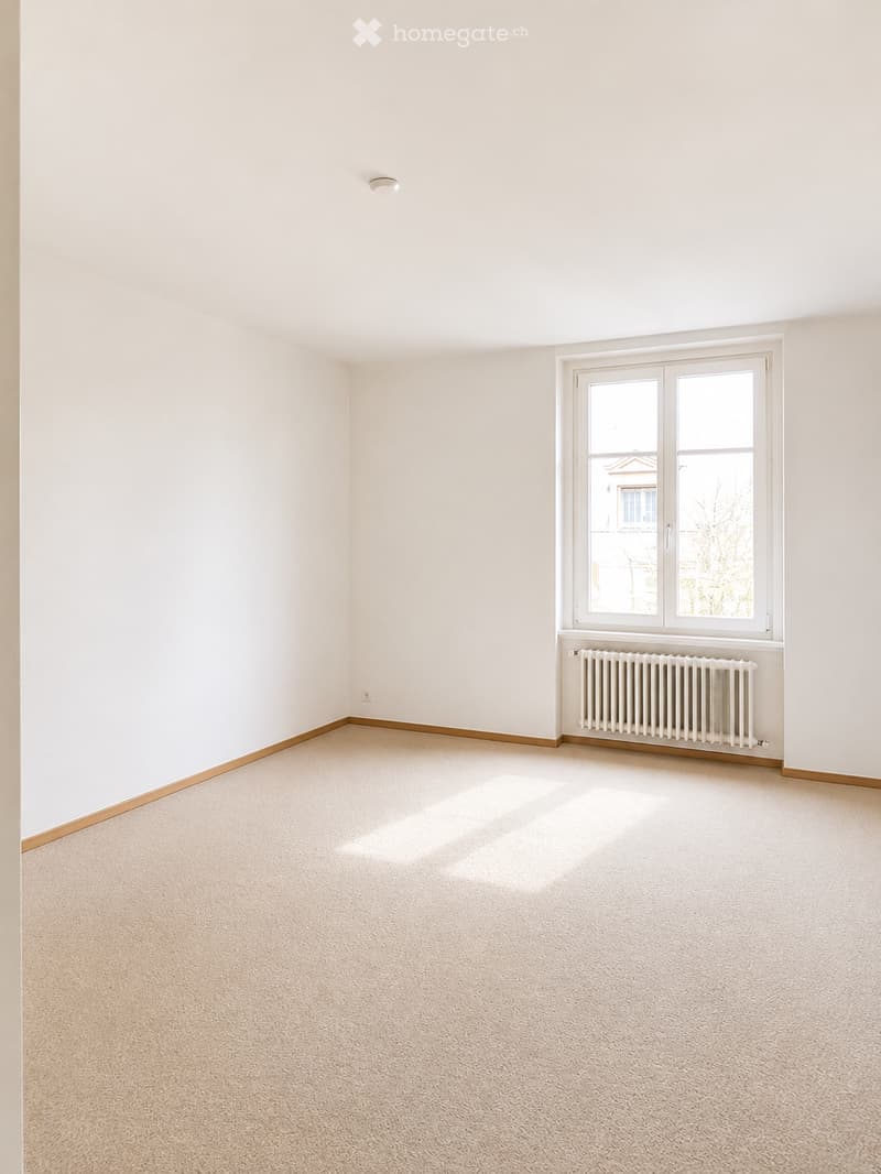 Empty room with light-colored walls, carpeted floor, and a large window with a radiator below it.