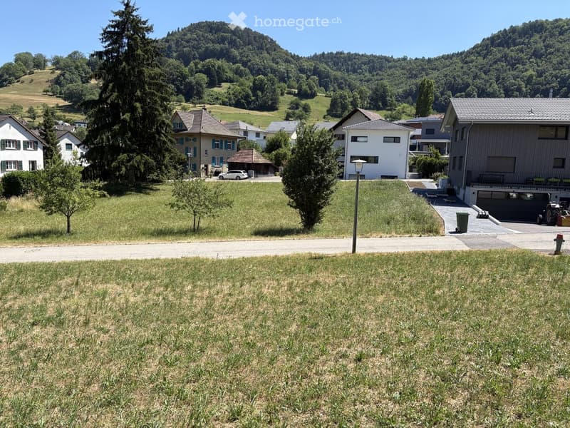 Residential area with multiple houses, green fields, trees, and a clear view of the surrounding hills.