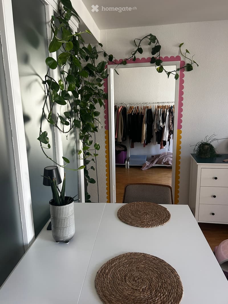 A modern, well-lit room with a white table, two woven placemats, a potted plant, a mirror with colorful borders, a wardrobe with hanging clothes, and a small drawer unit.