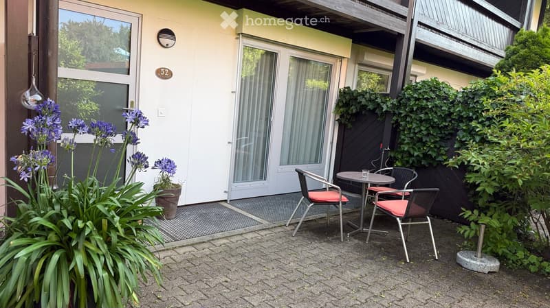 Balcony area with a small round table, two chairs, and potted plants, including tall blue flowers and green foliage.