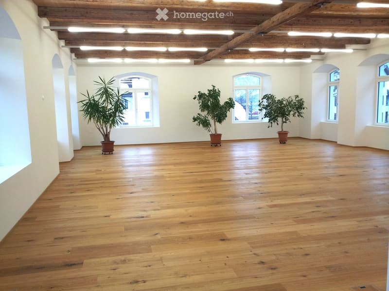 Empty room with wooden flooring, white walls, exposed wooden ceiling beams, and large arched windows with potted plants placed near the windows.