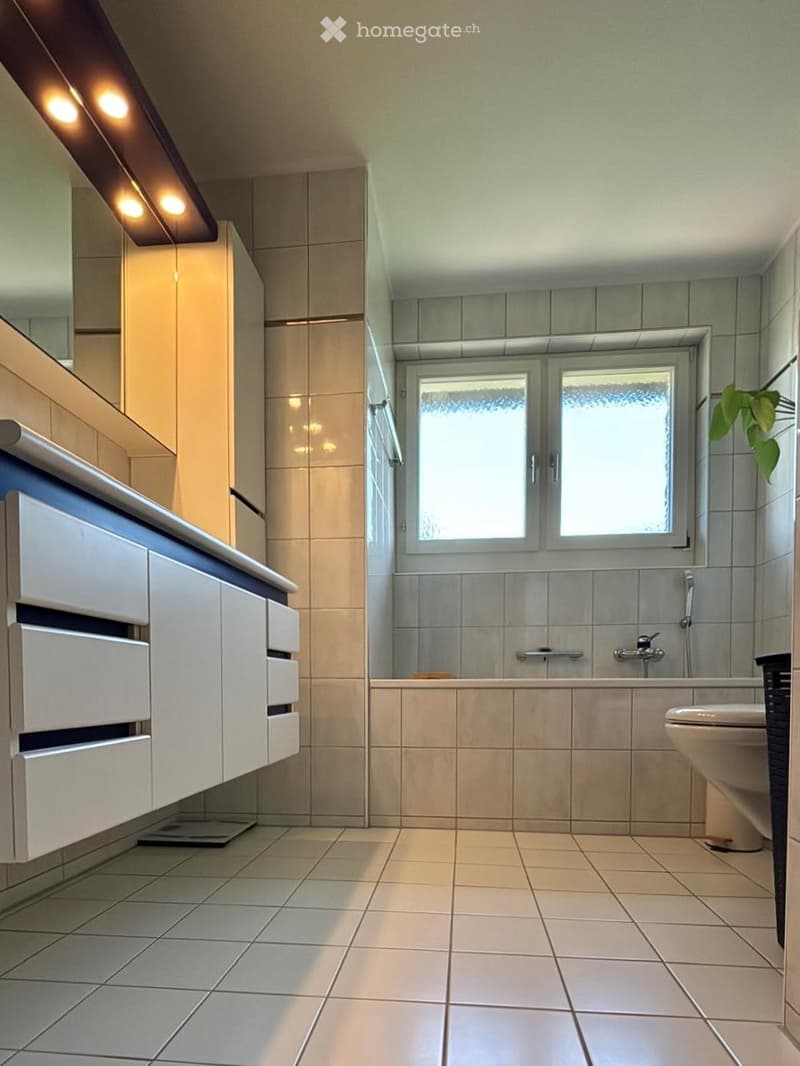 Modern bathroom with white tiled walls and floor, a large sink with a mirror, a bathtub, and a toilet. The room features built-in cabinets and a window with frosted glass panes.