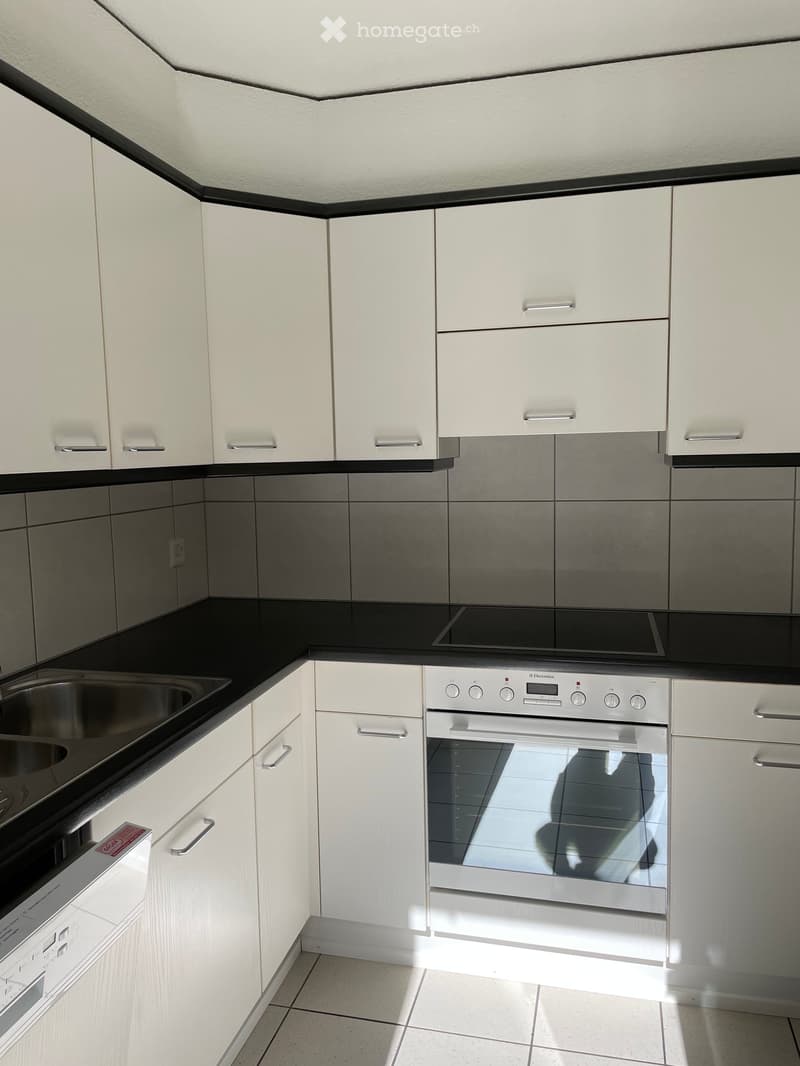 Modern kitchen with white cabinets, stainless steel appliances, and a black countertop.