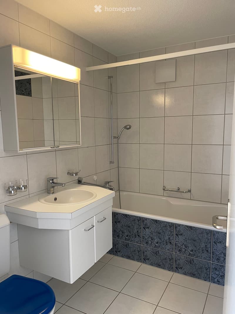 Modern bathroom with a white sink, mirror, bathtub, and toilet. Features tiled walls and a sleek design.