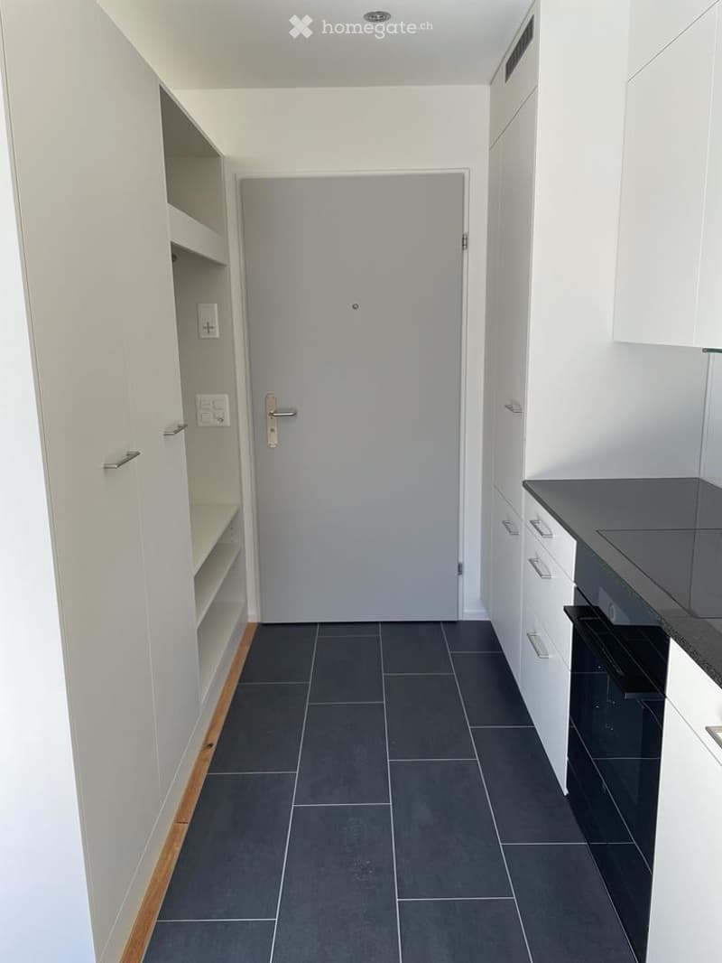 minimalistic kitchen with wooden floors, tiled countertop, large cabinets, large entrance door