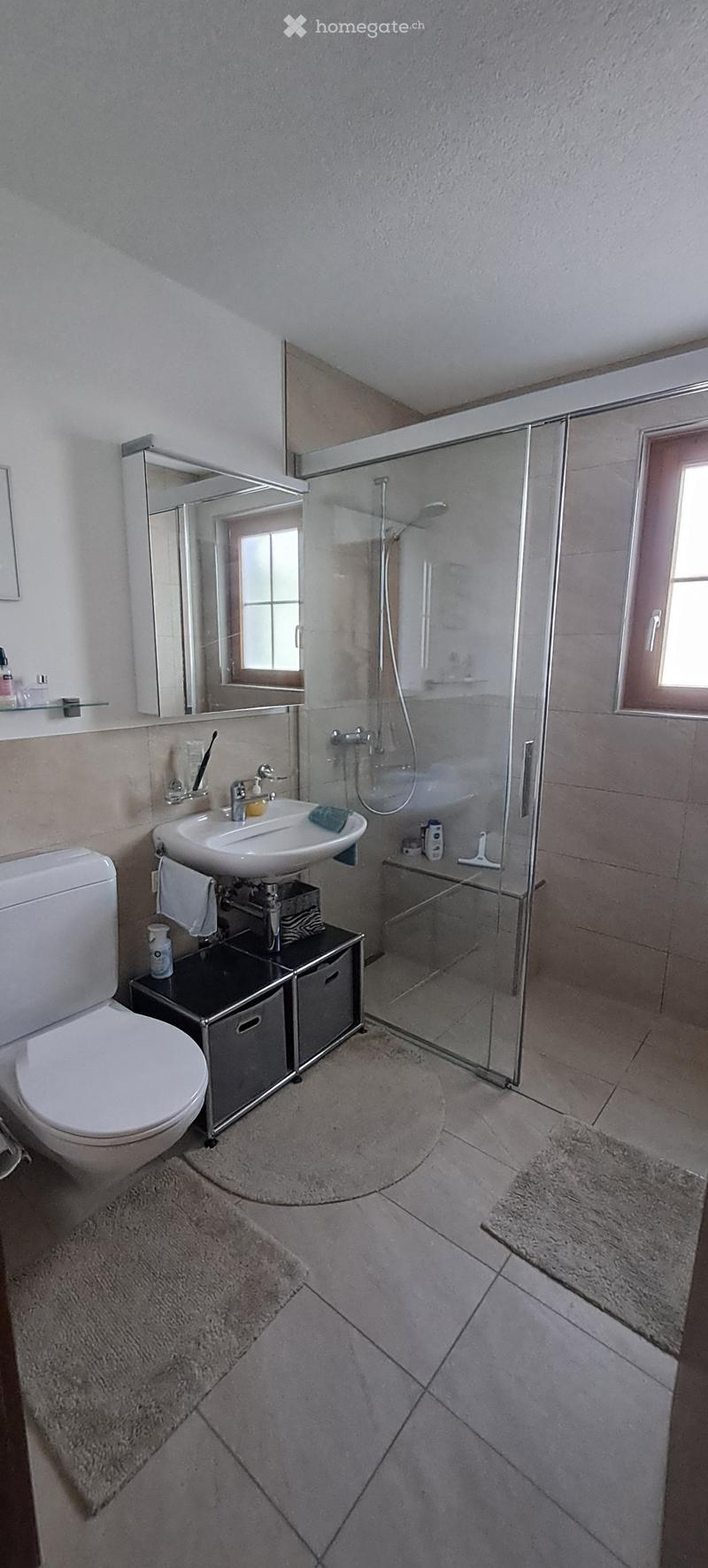 Modern bathroom with a toilet, sink, mirror, and walk-in shower with glass enclosure. Includes a towel, bathmat, and small storage unit.