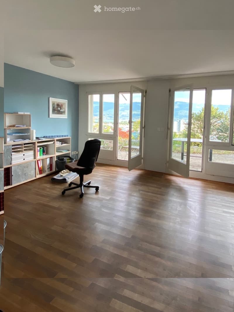 Bright room with wooden flooring, large windows offering a scenic view, a single chair, a shelf with books and office supplies, and a picture frame on the wall.
