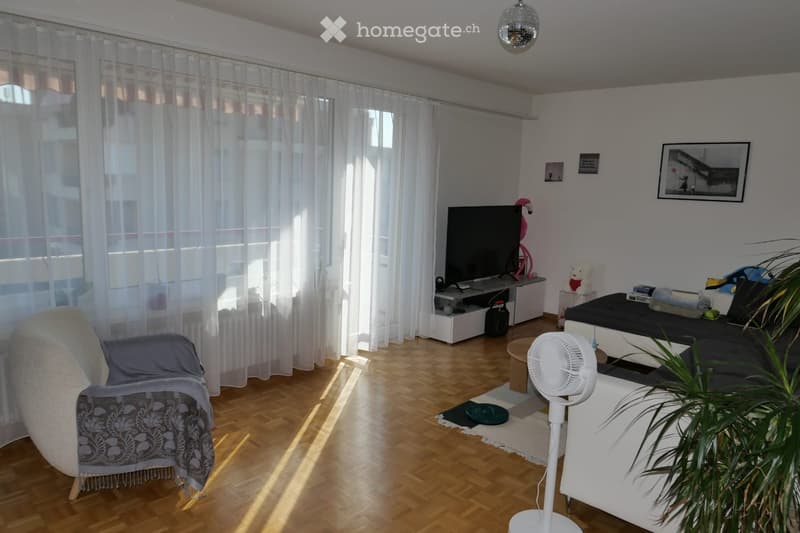 Bright living room with wooden flooring, large windows with sheer curtains, a sofa, armchair, coffee table, fan, TV, and decorative items.