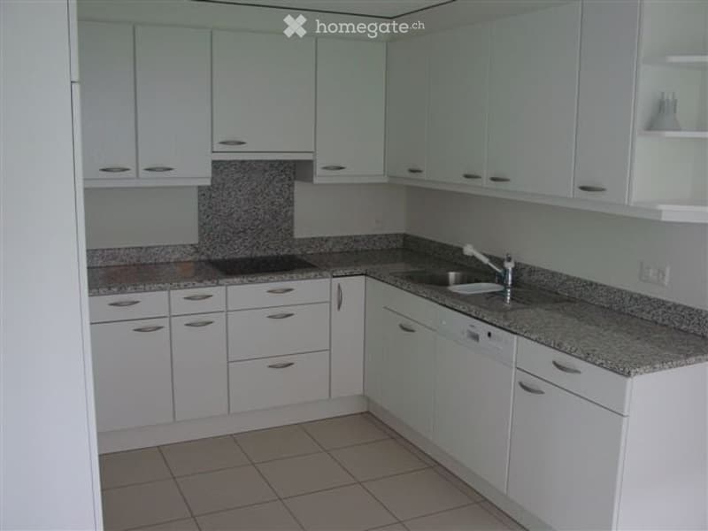 Modern kitchen with white cabinets, granite countertops, a stainless steel sink, and a built-in stove.