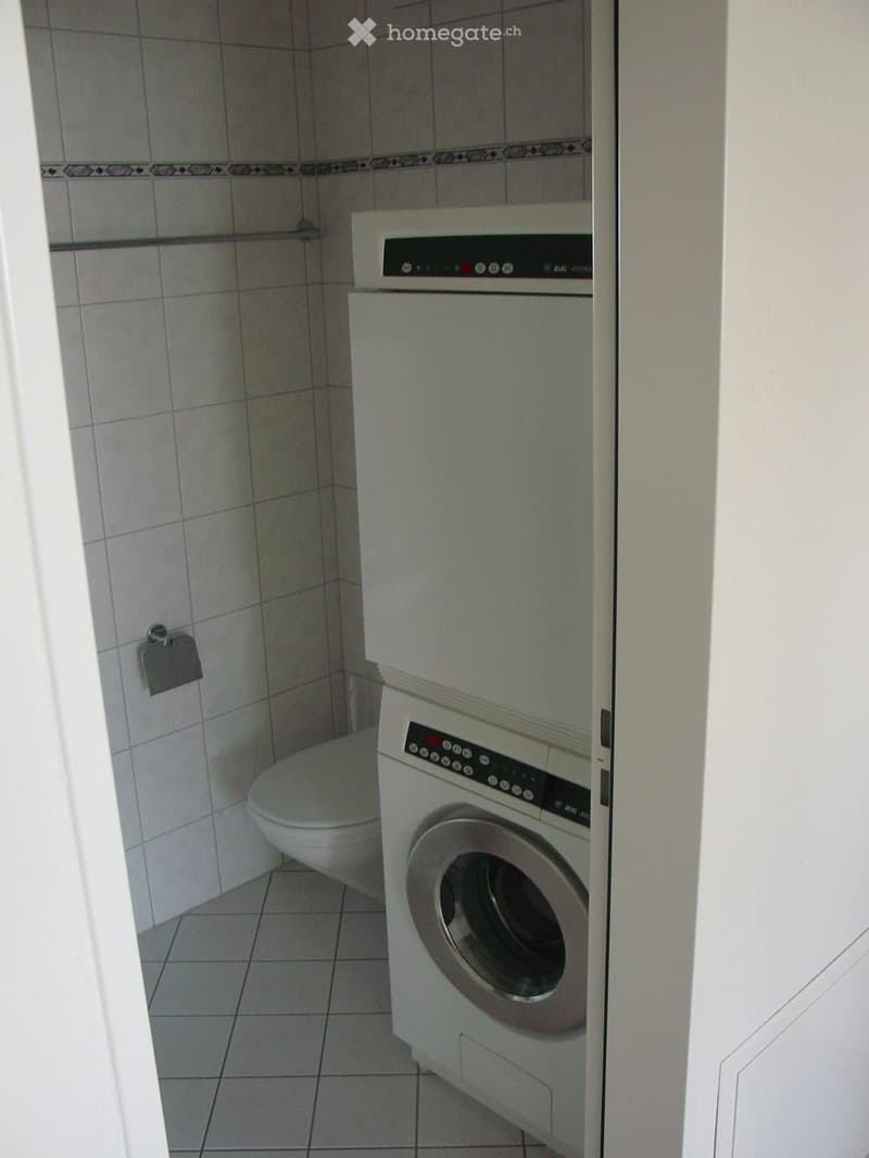 Small bathroom with a toilet and a washing machine, tiled walls and floor, and a towel rack.