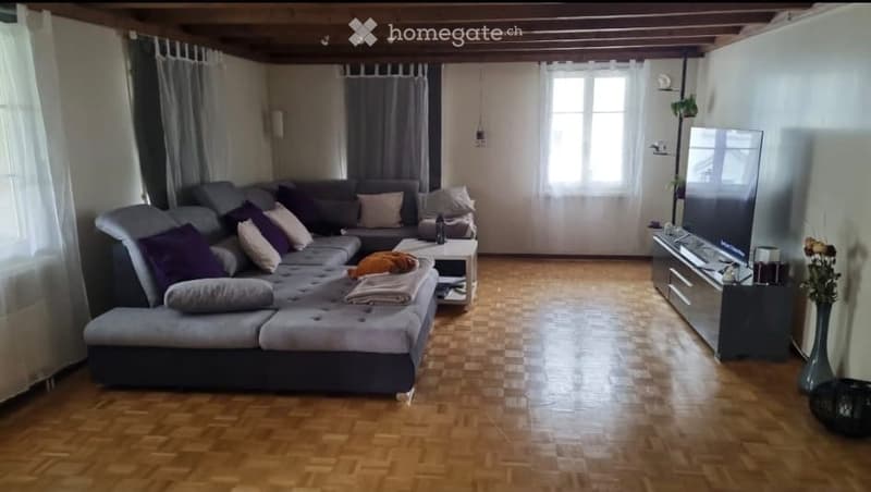 Modern living room with a large sectional sofa, coffee table, TV stand, and decorative vases. The room features wooden flooring and large windows with curtains.