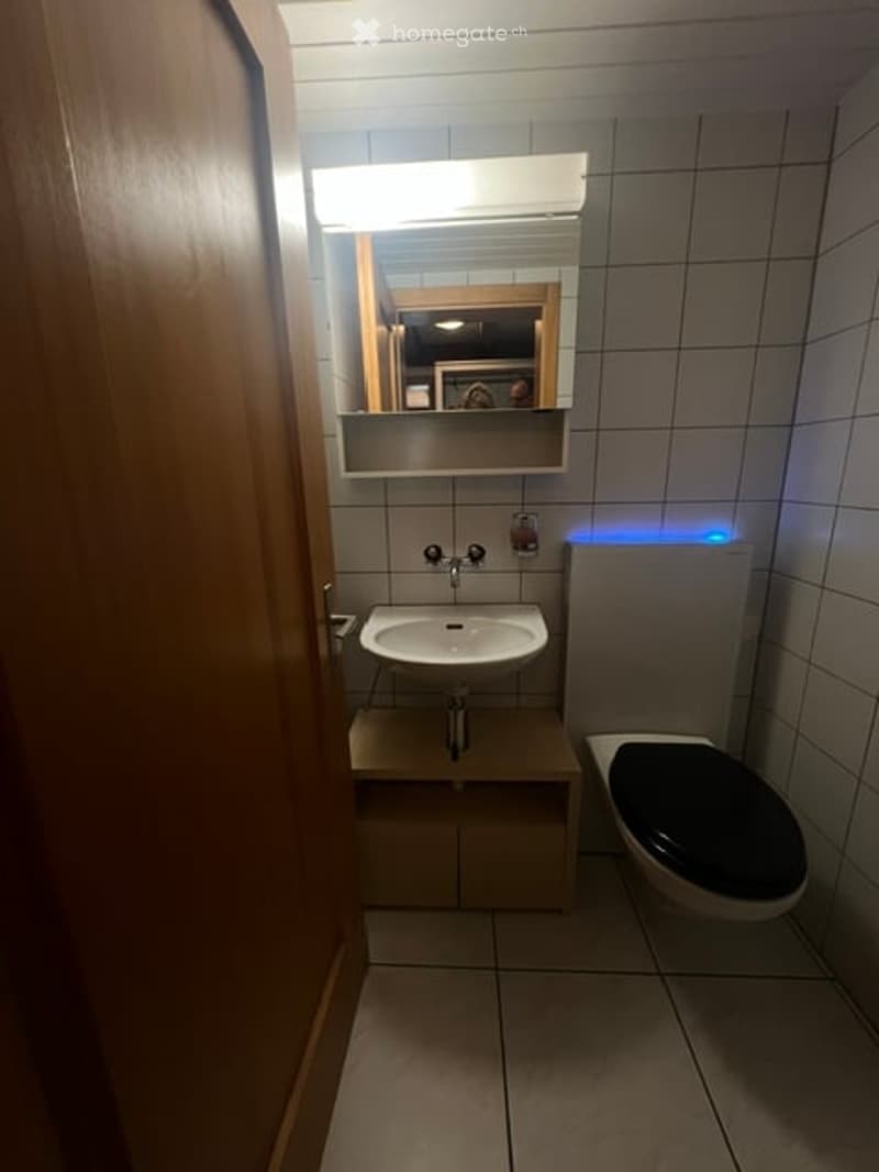 Modern bathroom with a white sink, toilet, mirror, and a small wooden cabinet beneath the sink.