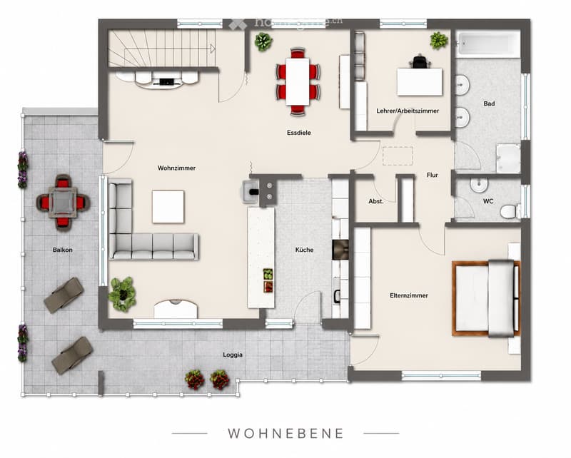 Floor plan of a residential unit featuring a living room, dining area, kitchen, bedroom, bathroom, balcony, and loggia.