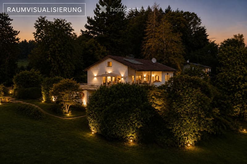 Single-story house with a modern design, surrounded by lush greenery and illuminated by warm outdoor lighting. Features a balcony, large windows, and a well-maintained lawn.