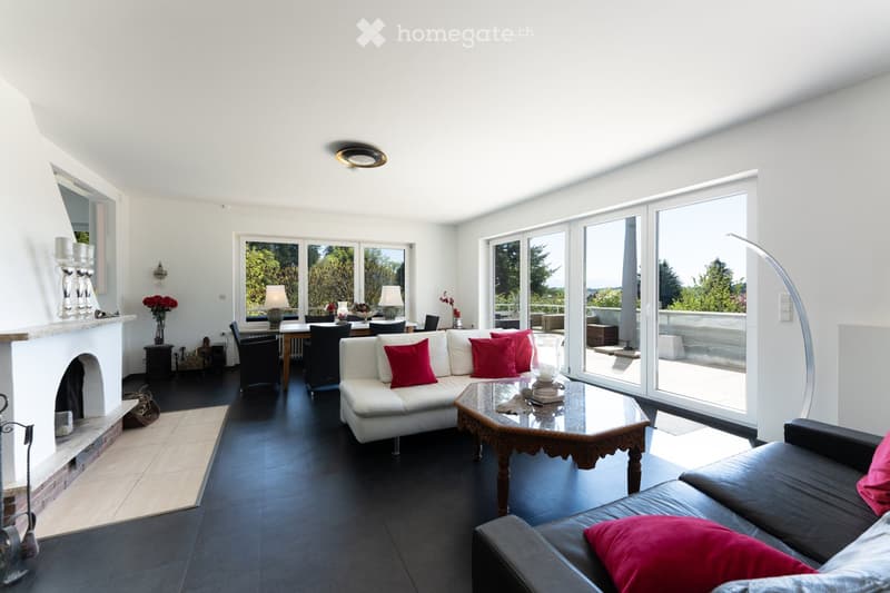 Modern living room with white walls, dark flooring, large windows, fireplace, sofa, coffee table, dining area, and decorative items.