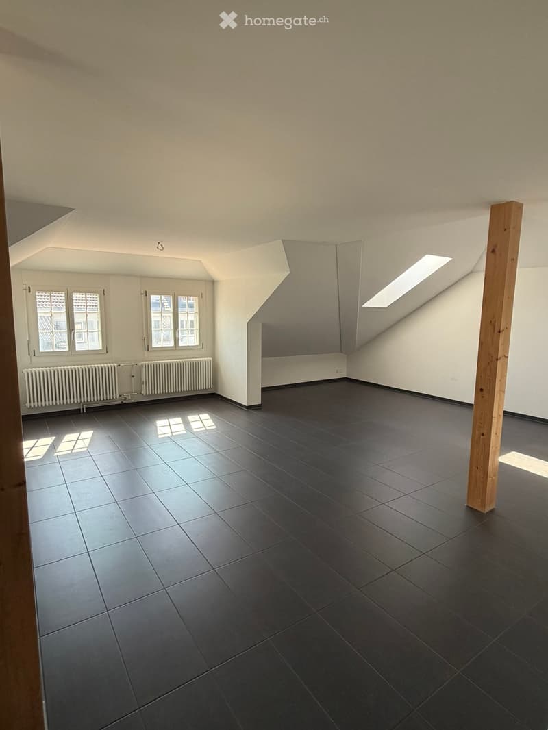 Empty room with dark tiled floor, white walls, large windows, and skylight. No furniture or equipment present.