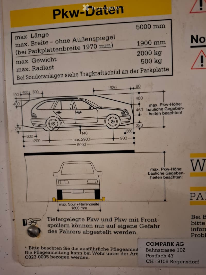 Technical diagram showing maximum dimensions and specifications for a car, including length, width, height, weight, and axle load. Includes illustrations of the car with labeled measurements.
