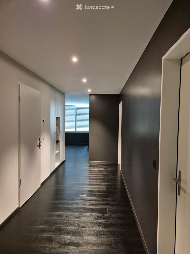 empty corridor with dark walls, wooden floor, ceiling lights, two white doors on each side