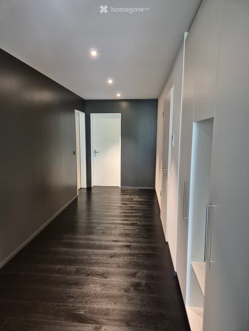 Empty hallway with dark hardwood floors, two closed white doors, two gray walls, recessed ceiling lights