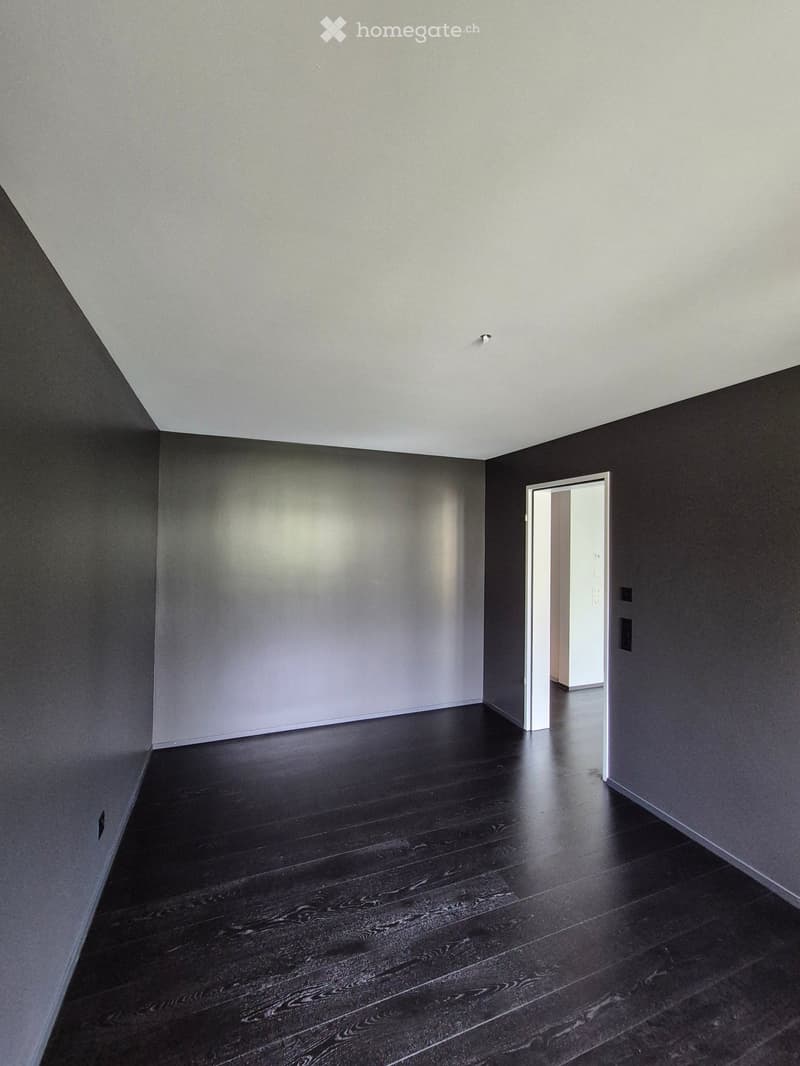 Empty room with grey walls and black floors