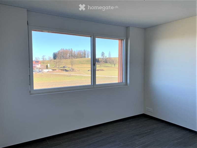 Empty room with white walls, dark wooden flooring, and large windows offering a view of a grassy field and trees.