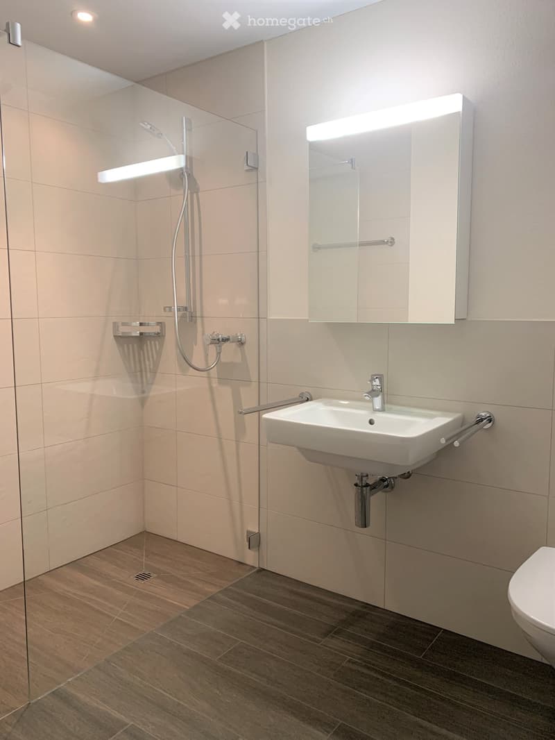 Modern bathroom with a glass-enclosed shower, a white sink with a chrome faucet, a large mirror with built-in lighting, and a toilet. The floor is tiled in a wood-like pattern.